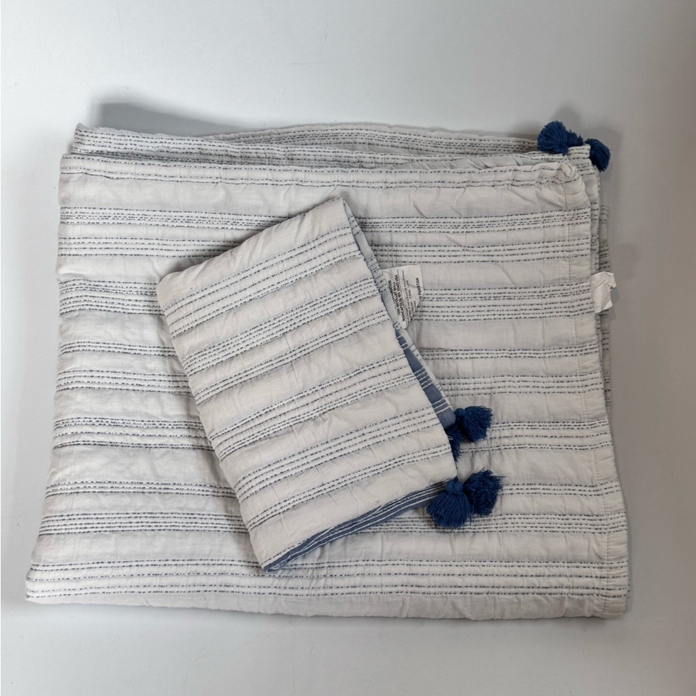 Threshold Blue and White Stitched Striped Tasseled Queen Quilt and Sham Set